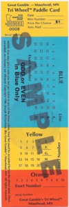 Multi-colored tri-wheel tickets used for wagering with Minnesota Tri-Wheel®