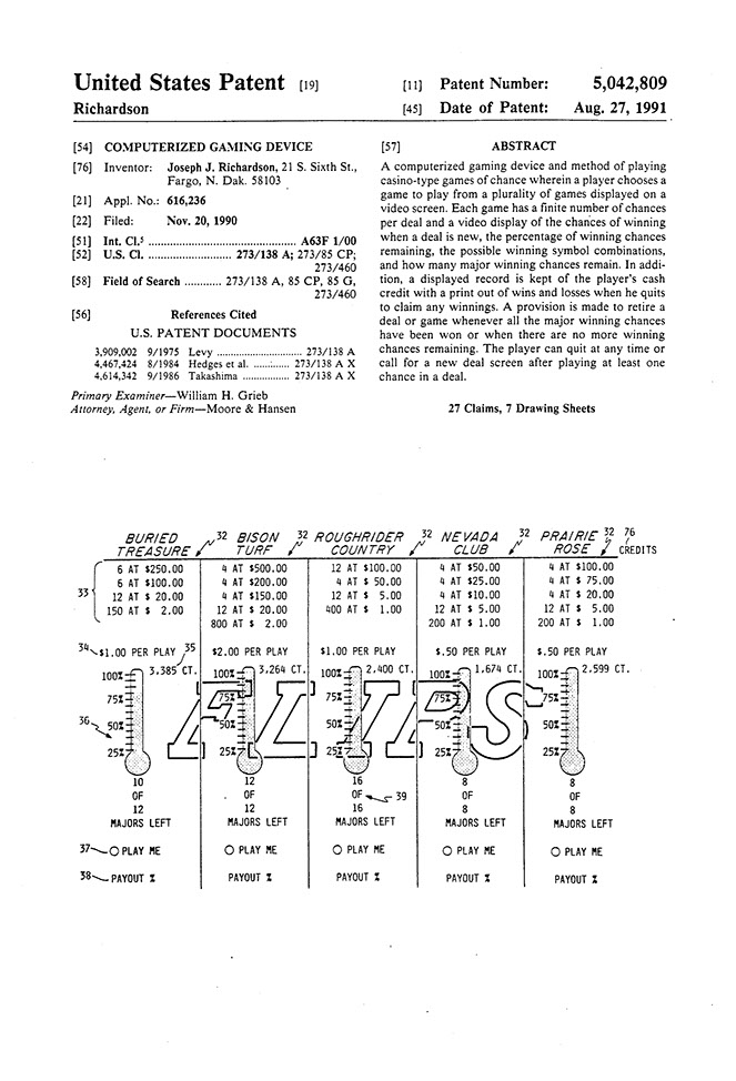 First patent for electronic pull tab system